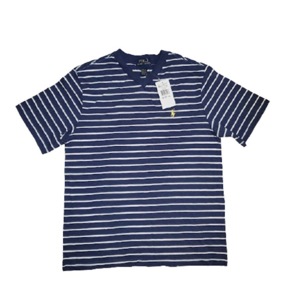Ralph Lauren Kids Boy Blue & White Striped short sleeve V-Neck T Shirt S…